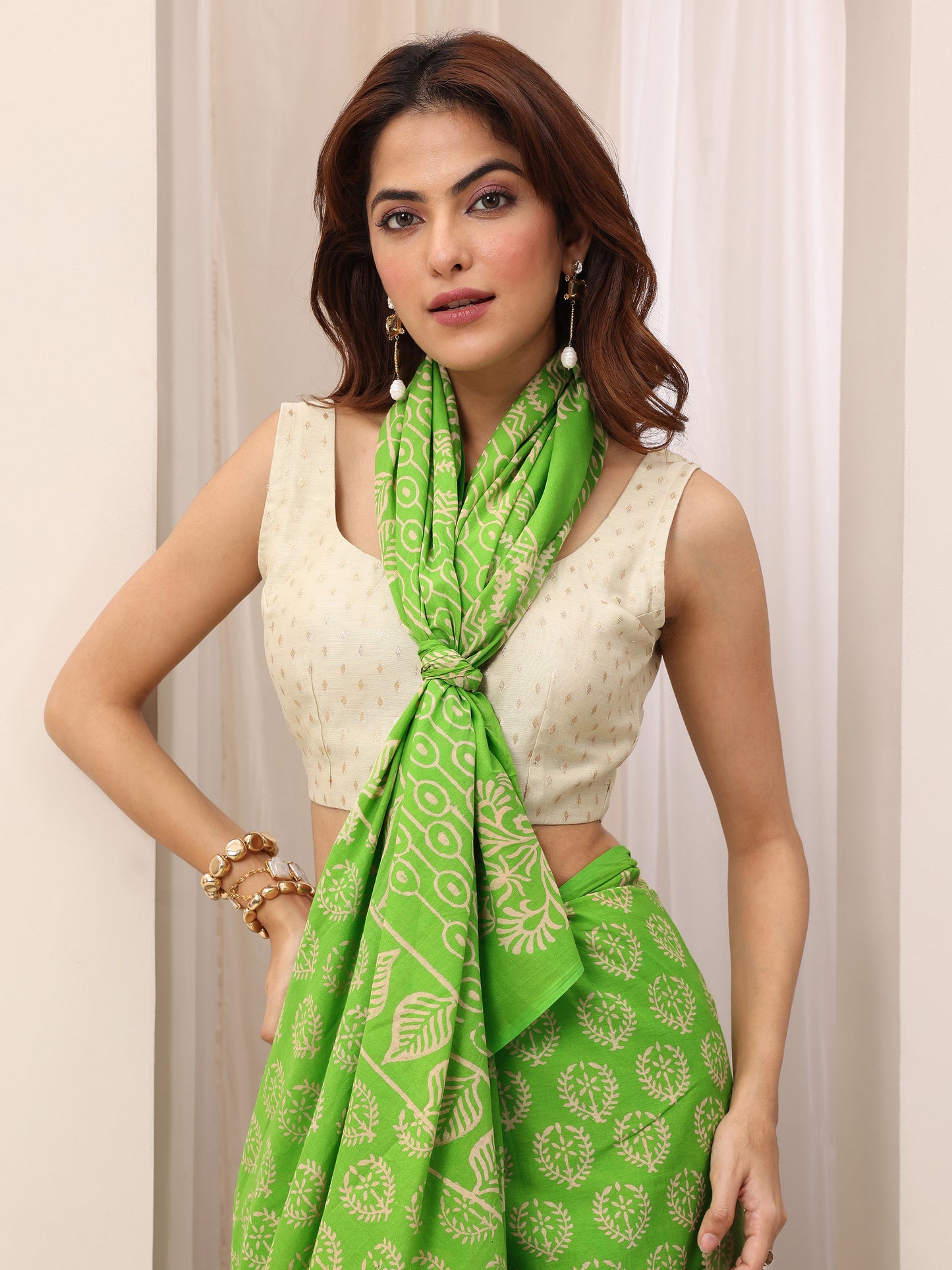 Light Green Printed Cotton Saree With Unstitched Blouse