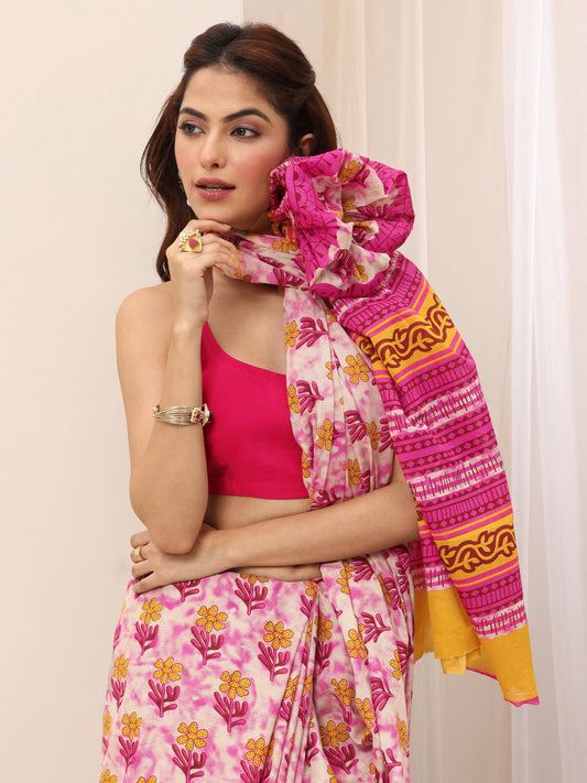 Pink Printed Cotton Saree With Unstitched Blouse