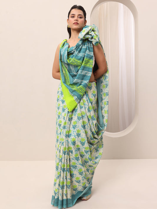 Teal Printed Cotton Saree With Unstitched Blouse