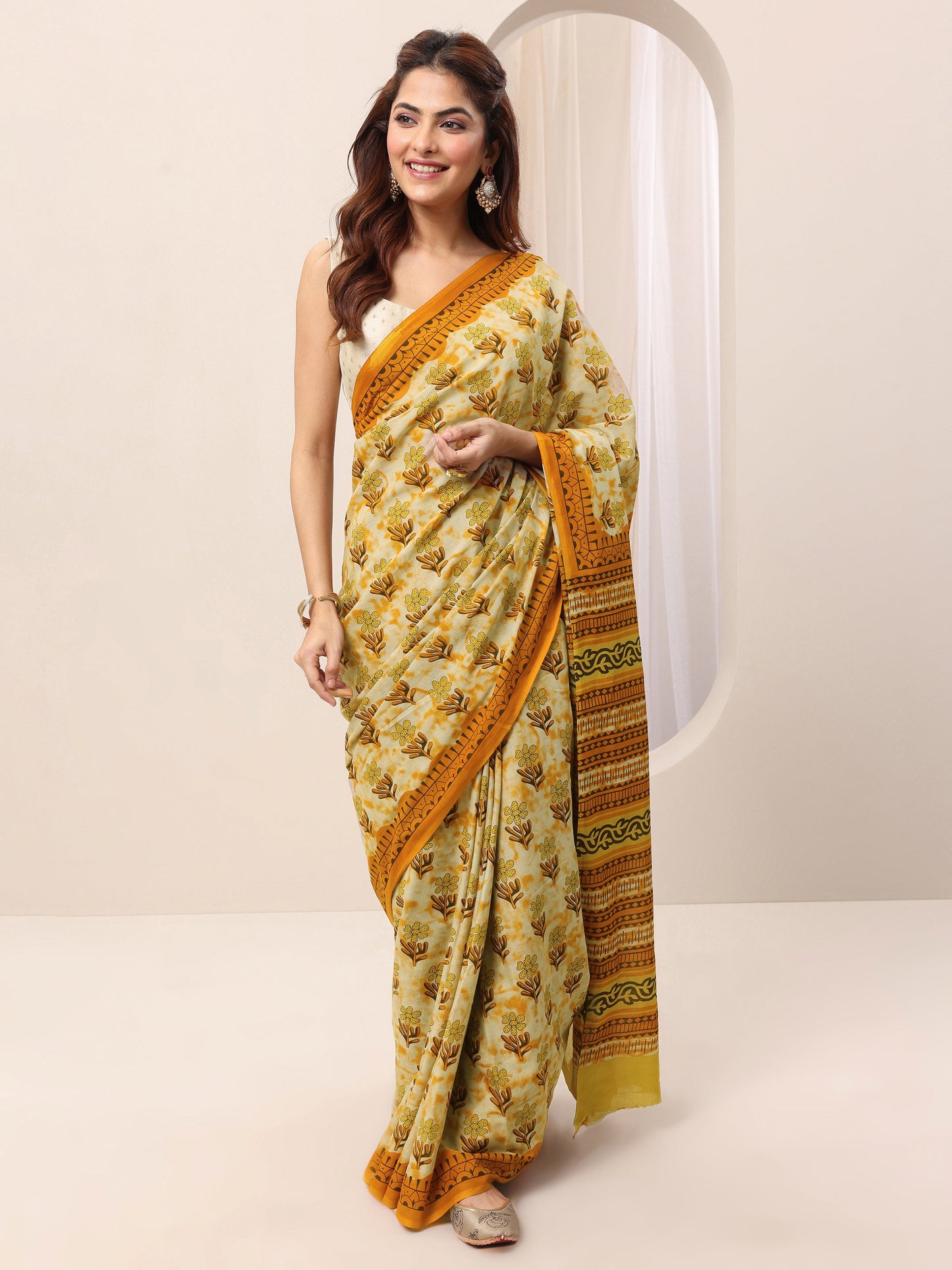 Mustard Printed Cotton Saree With Unstitched Blouse