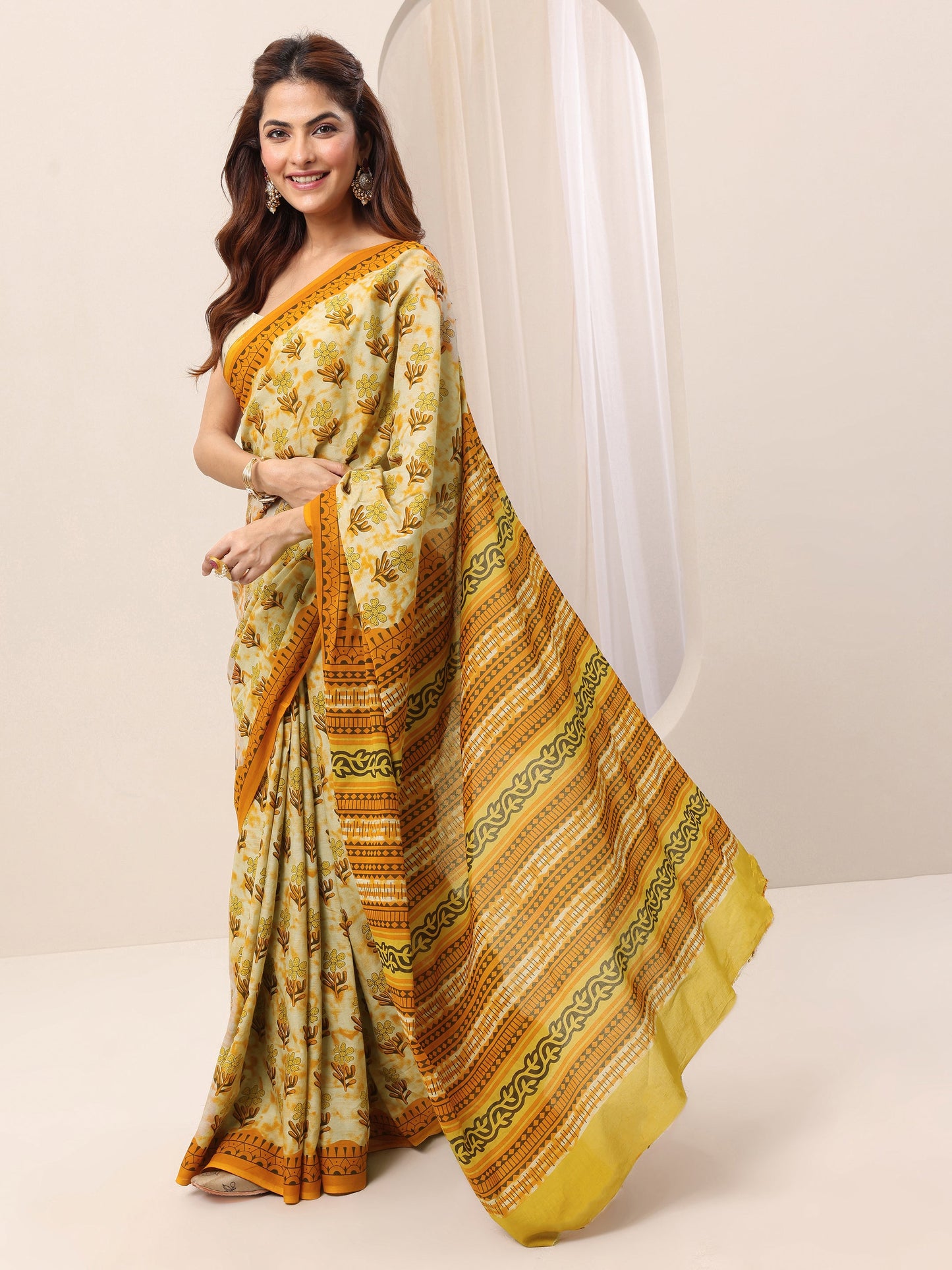 Mustard Printed Cotton Saree With Unstitched Blouse