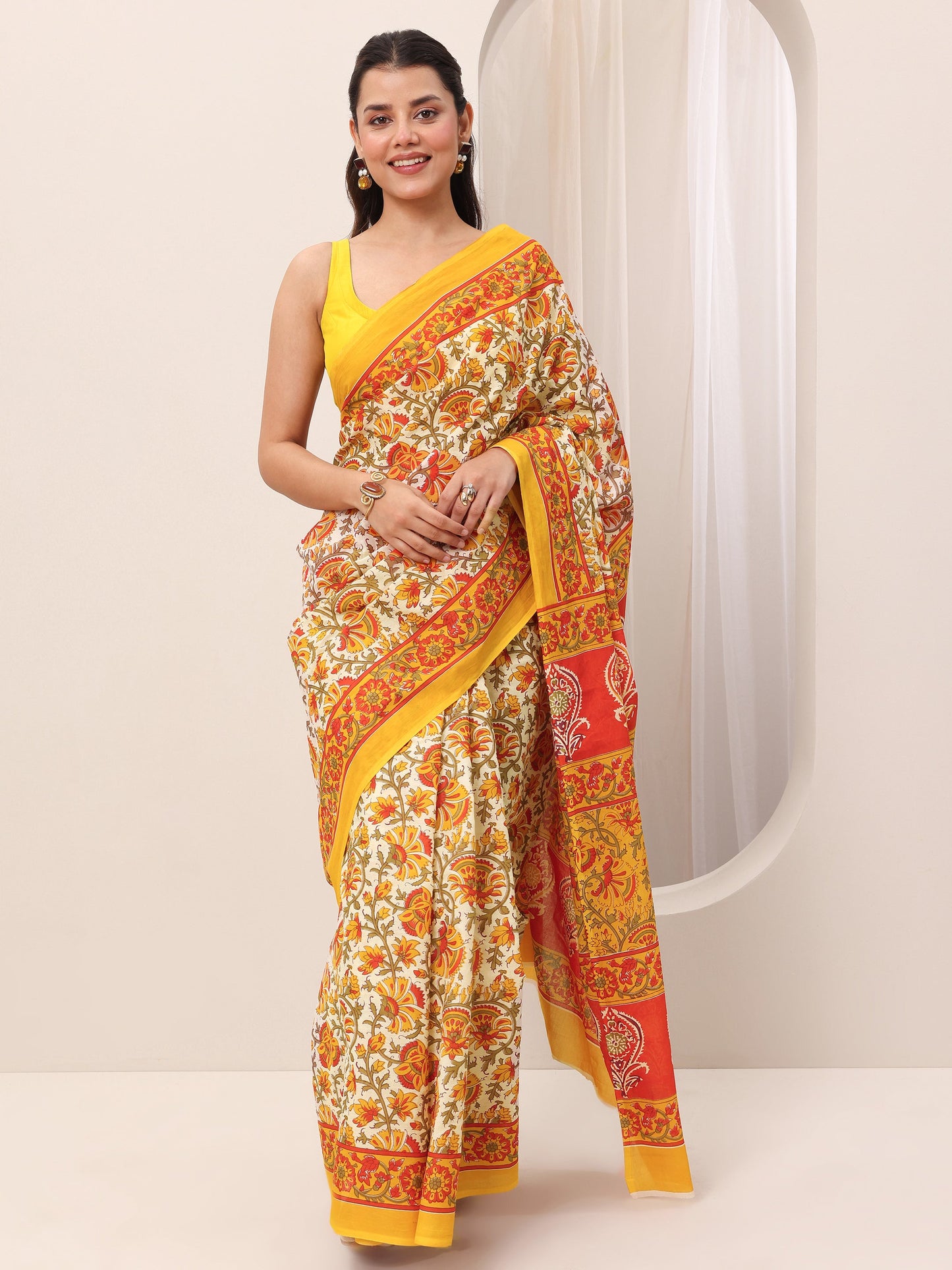 Mustard Printed Cotton Saree With Unstitched Blouse