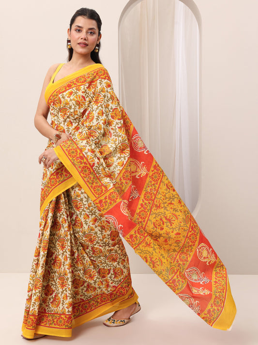 Mustard Printed Cotton Saree With Unstitched Blouse