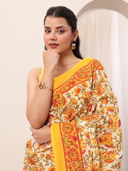 Mustard Printed Cotton Saree With Unstitched Blouse