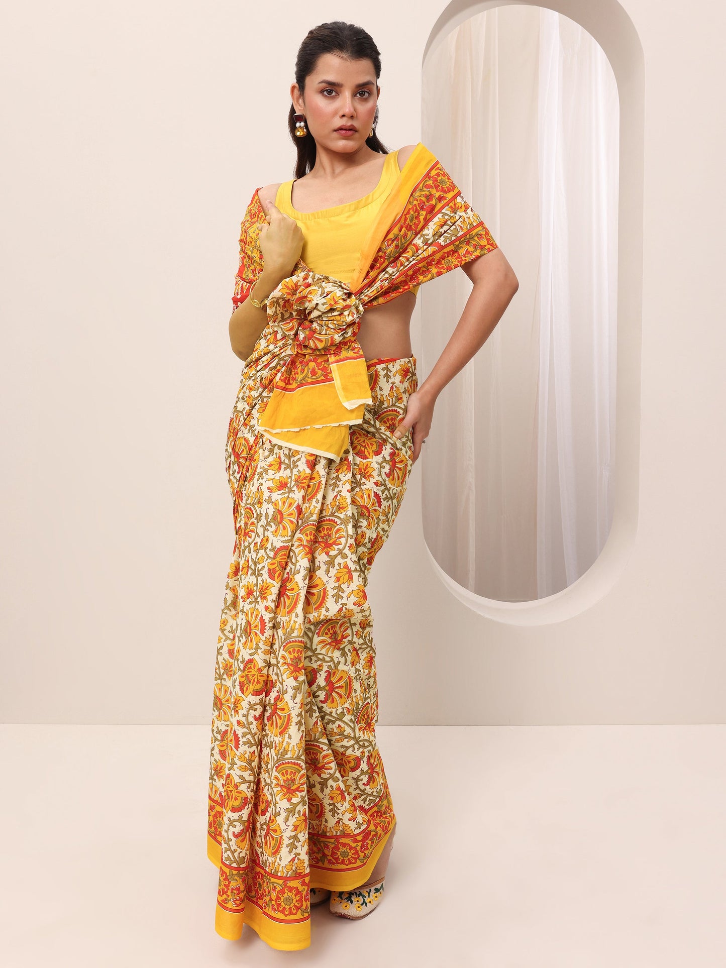 Mustard Printed Cotton Saree With Unstitched Blouse