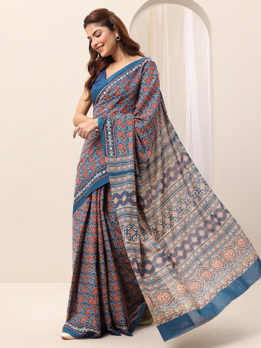 Blue Printed Cotton Saree With Unstitched Blouse