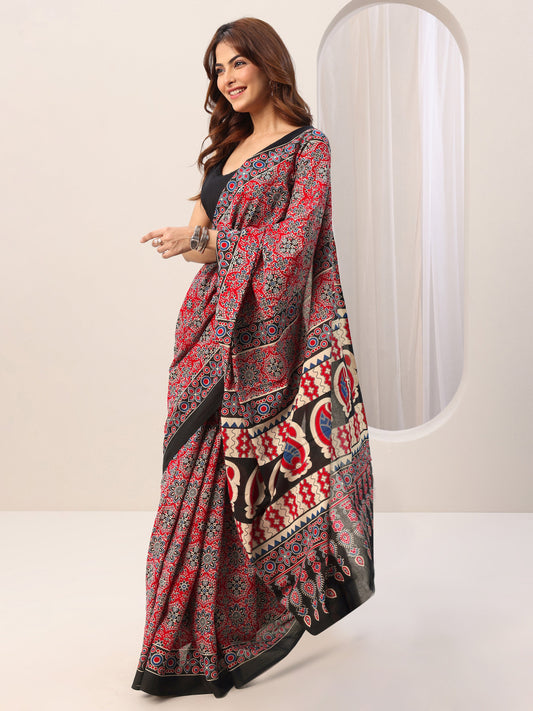 Red Printed Cotton Saree With Unstitched Blouse