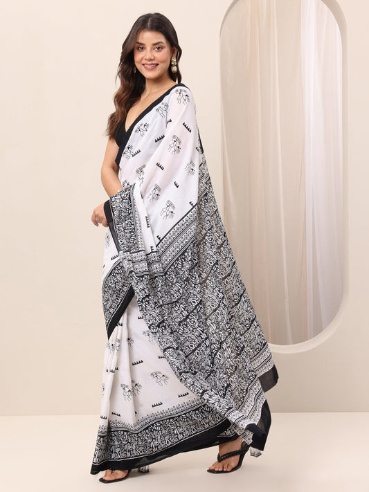 White Printed Cotton Saree With Unstitched Blouse Piece