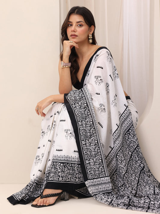 White Printed Cotton Saree With Unstitched Blouse Piece
