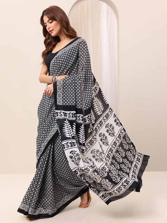 Black Printed Cotton Saree With Unstitched Blouse