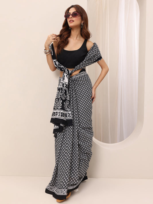 Black Printed Cotton Saree With Unstitched Blouse