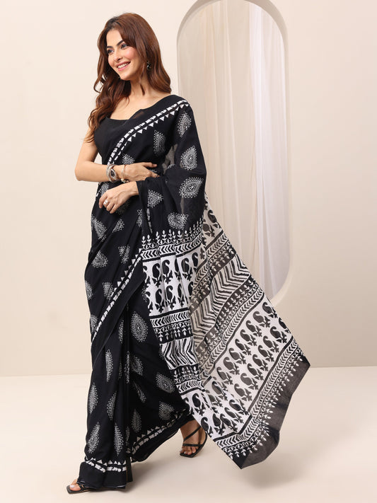 Black Printed Cotton Saree With Unstitched Blouse