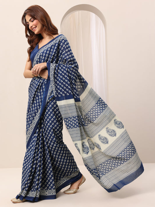Indigo Printed Cotton Saree With Unstitched Blouse