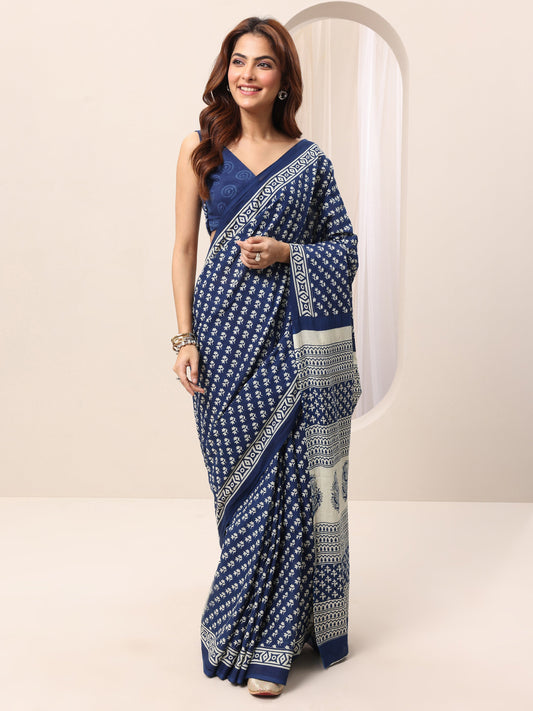 Indigo Printed Cotton Saree With Unstitched Blouse