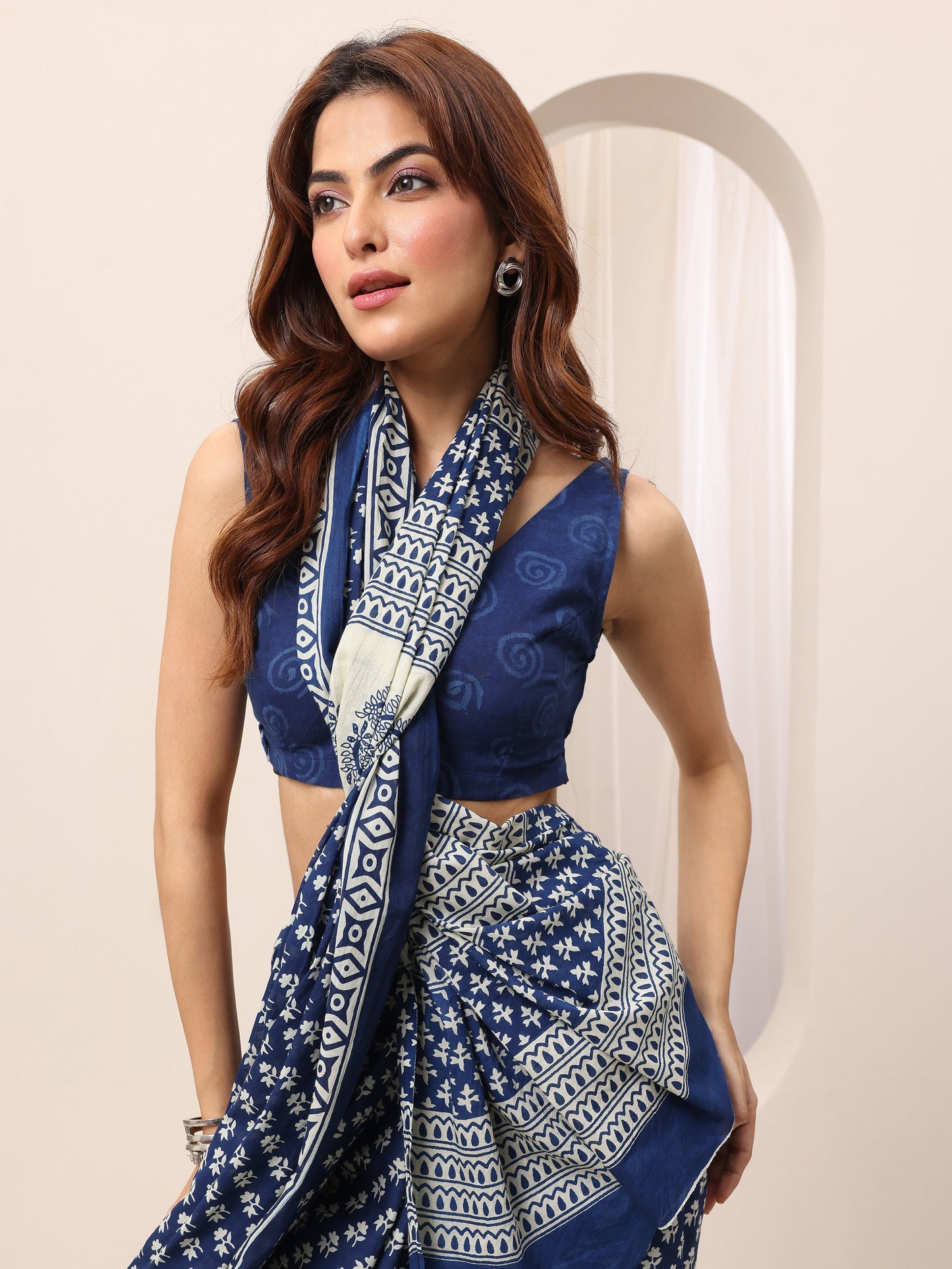 Indigo Printed Cotton Saree With Unstitched Blouse