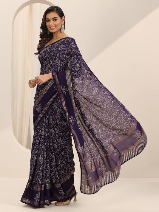 Purple Printed Georgette Saree With Unstitched Blouse Piece