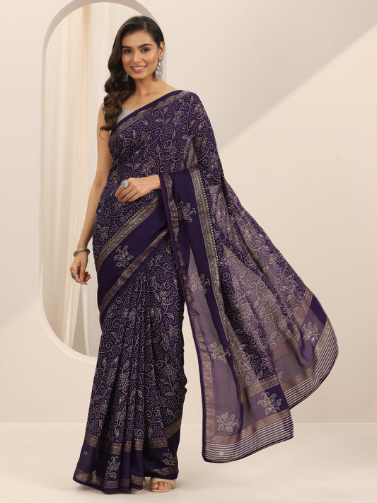 Purple Printed Georgette Saree With Unstitched Blouse Piece