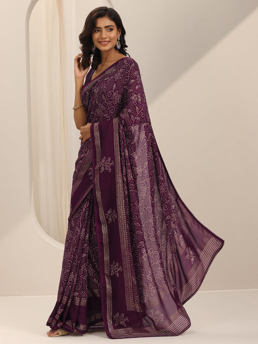 Wine Printed Georgette Saree With Unstitched Blouse Piece