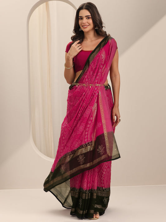 Pink Printed Georgette Saree With Unstitched Blouse Piece