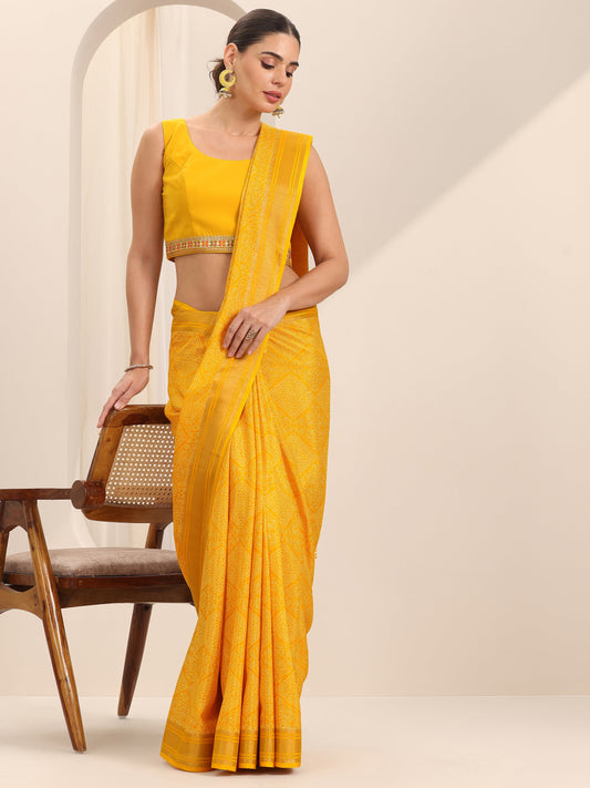 Yellow Printed Silk Blend Saree With Unstitched Blouse Piece