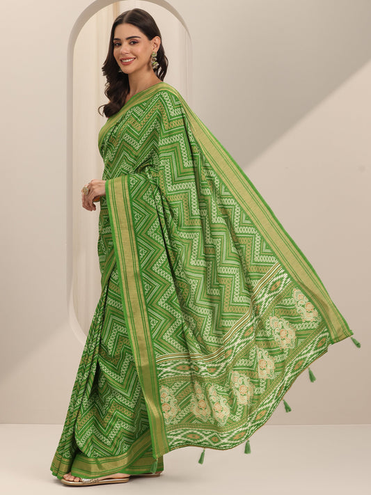 Green Printed Silk Blend Saree With Unstitched Blouse Piece