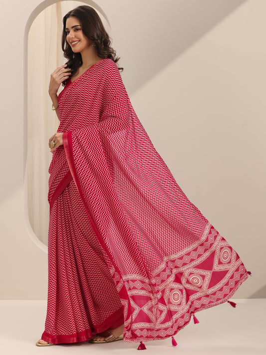 Red Printed Georgette Saree With Unstitched Blouse Piece