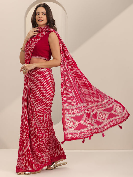 Red Printed Georgette Saree With Unstitched Blouse Piece
