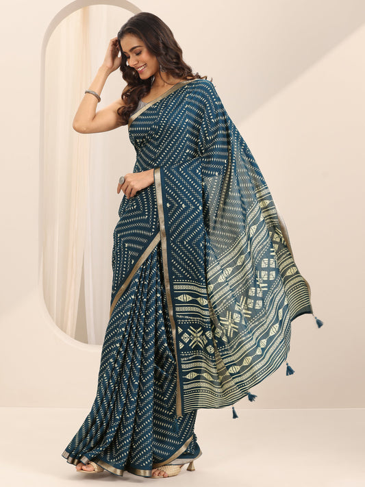 Teal Printed Georgette Saree With Unstitched Blouse Piece
