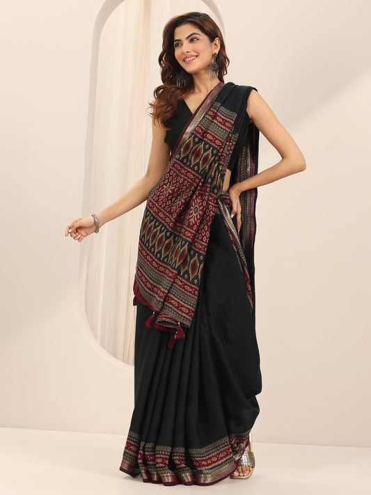 Black Solid Cotton Silk Saree With Unstitched Blouse Piece
