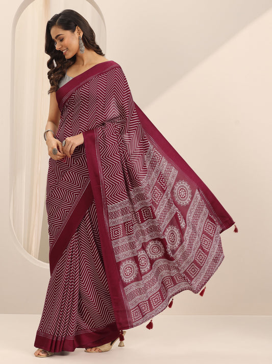 Maroon Printed Georgette Saree With Unstitched Blouse Piece