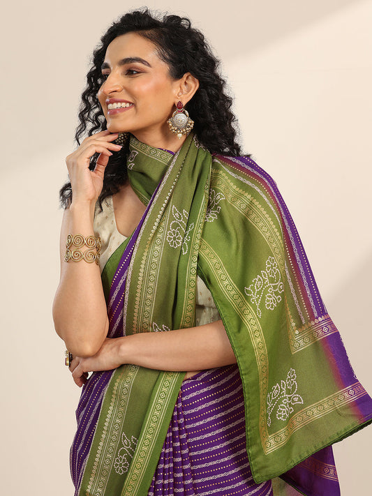 Purple Printed Georgette Saree With Unstitched Blouse Piece