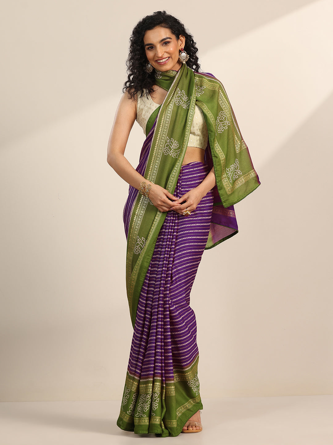 Purple Printed Georgette Saree With Unstitched Blouse Piece