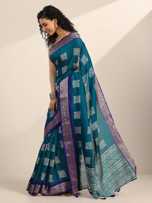Teal Printed Georgette Saree With Unstitched Blouse Piece