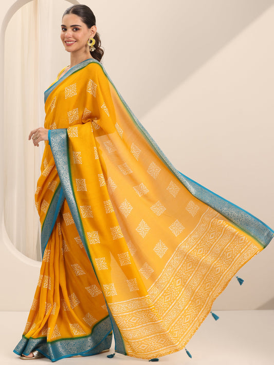 Mustard Printed Georgette Saree With Unstitched Blouse Piece