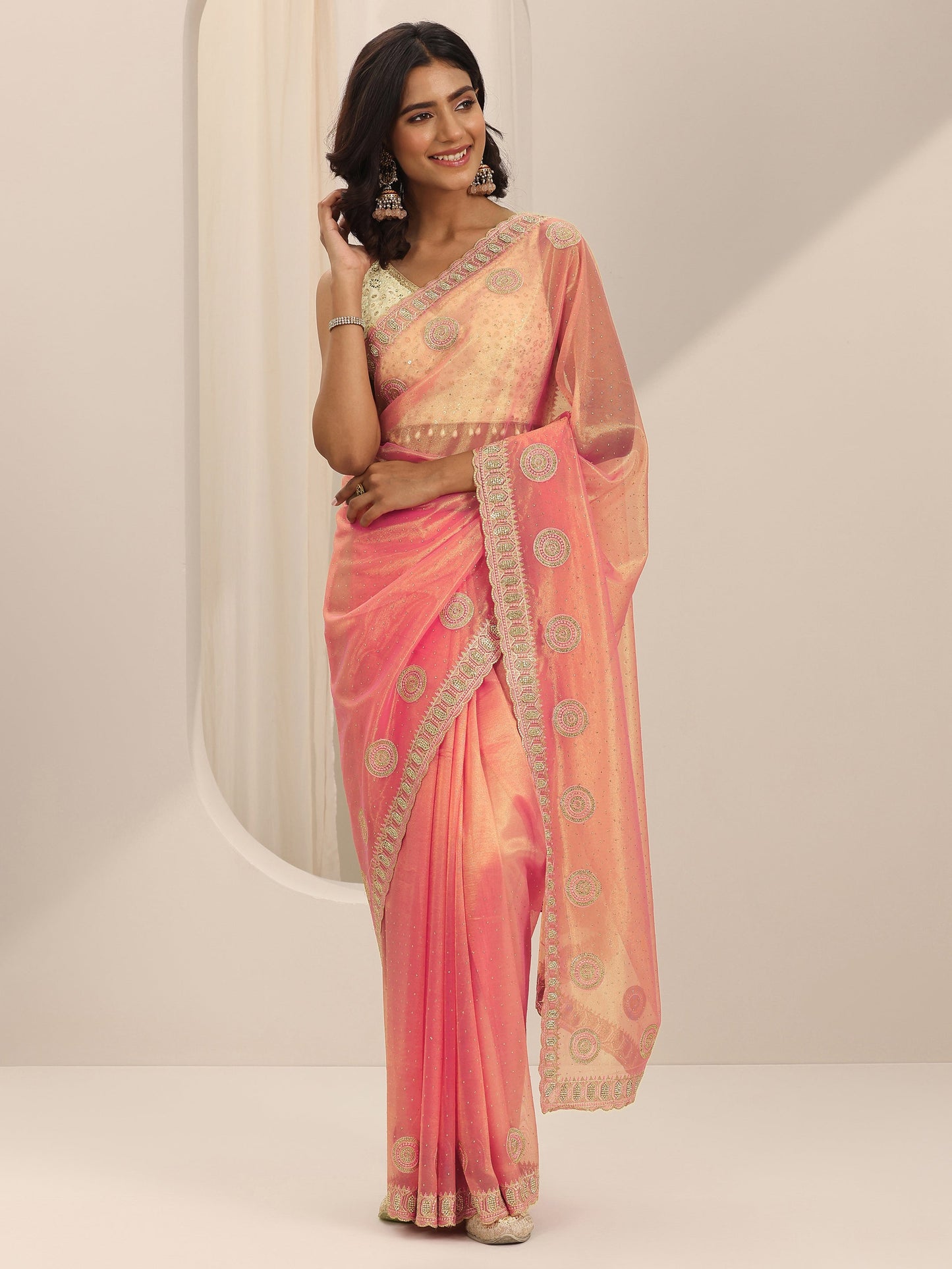 Coral Embroidered Net Silk Saree With Unstitched Blouse Piece