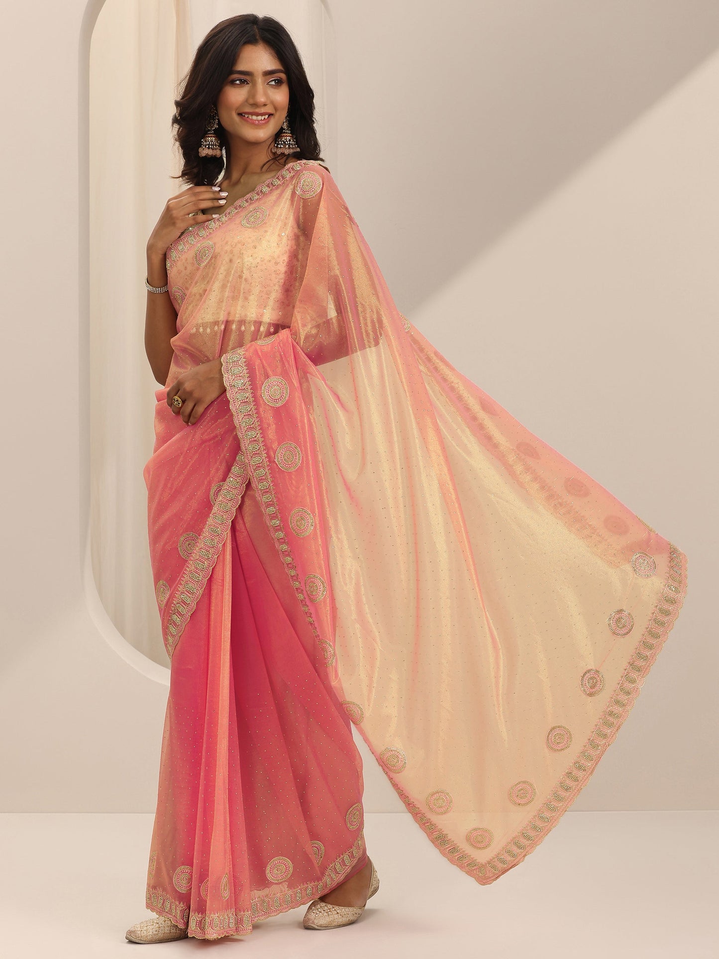 Coral Embroidered Net Silk Saree With Unstitched Blouse Piece
