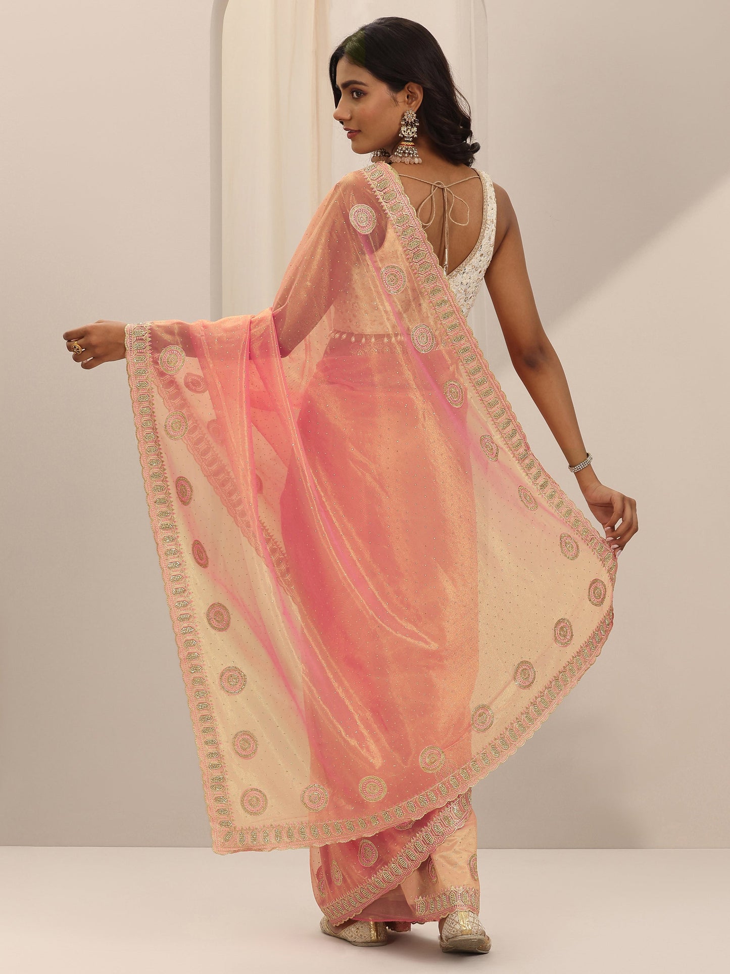 Coral Embroidered Net Silk Saree With Unstitched Blouse Piece