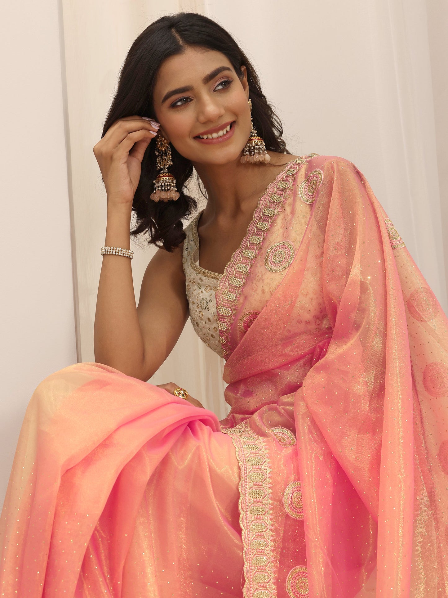 Coral Embroidered Net Silk Saree With Unstitched Blouse Piece