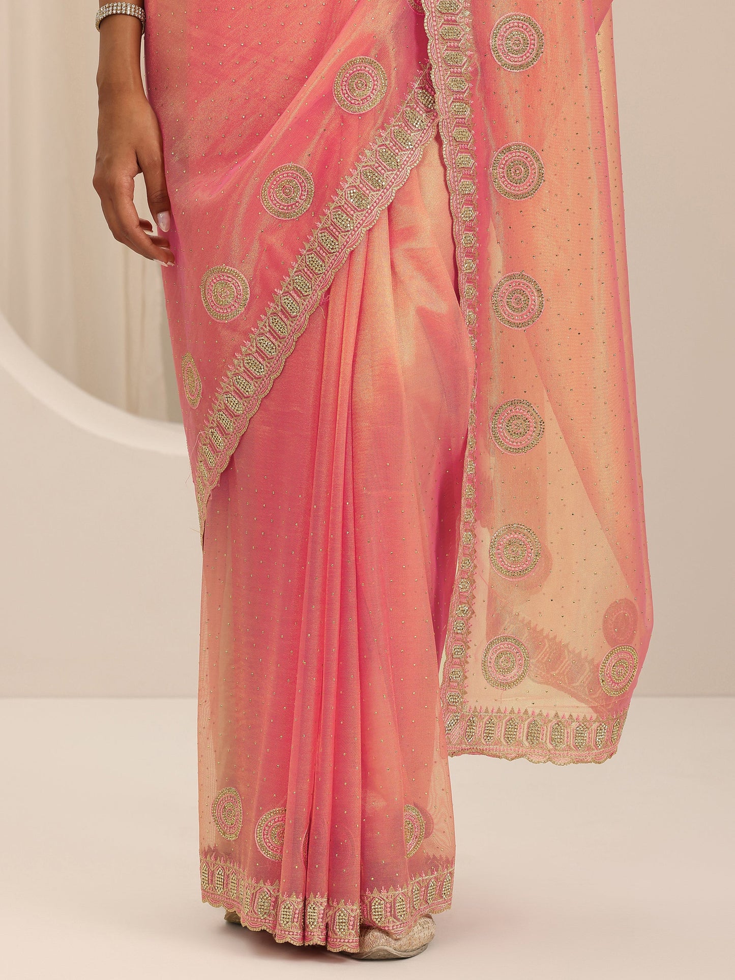 Coral Embroidered Net Silk Saree With Unstitched Blouse Piece