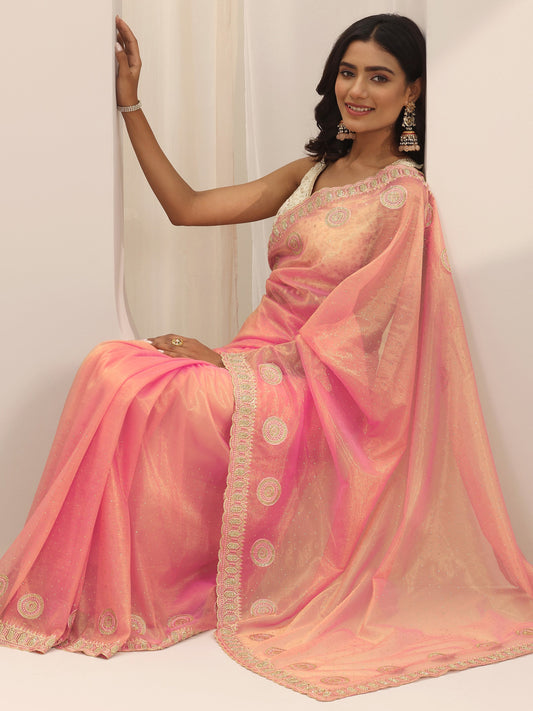 Coral Embroidered Net Silk Saree With Unstitched Blouse Piece