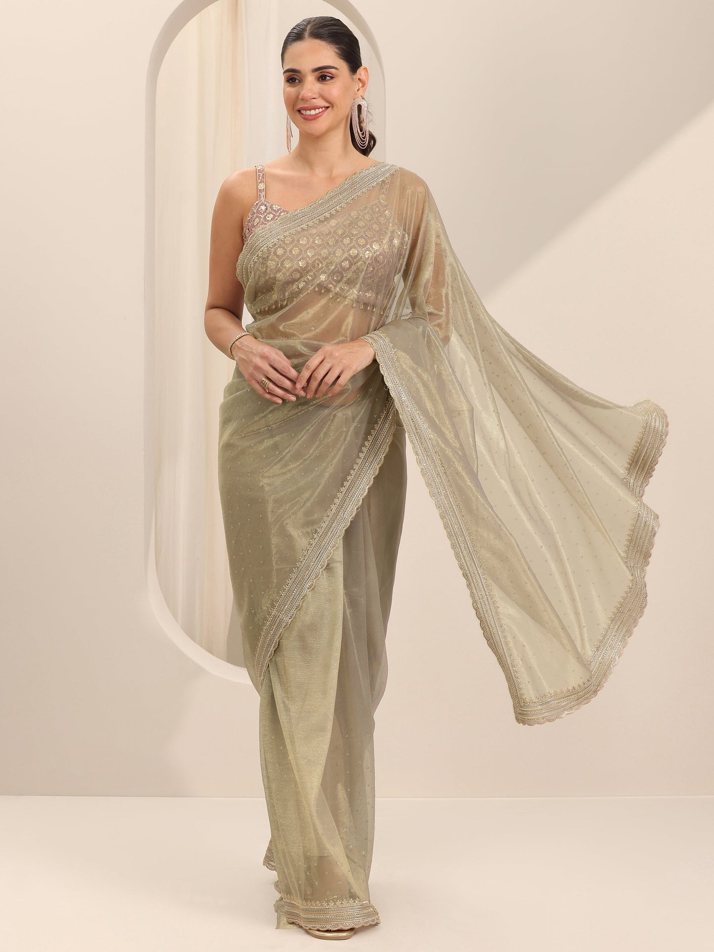 Grey Embroidered Net Silk Saree With Unstitched Blouse Piece