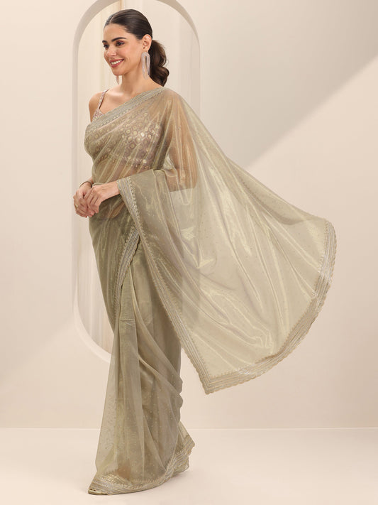 Grey Embroidered Net Silk Saree With Unstitched Blouse Piece