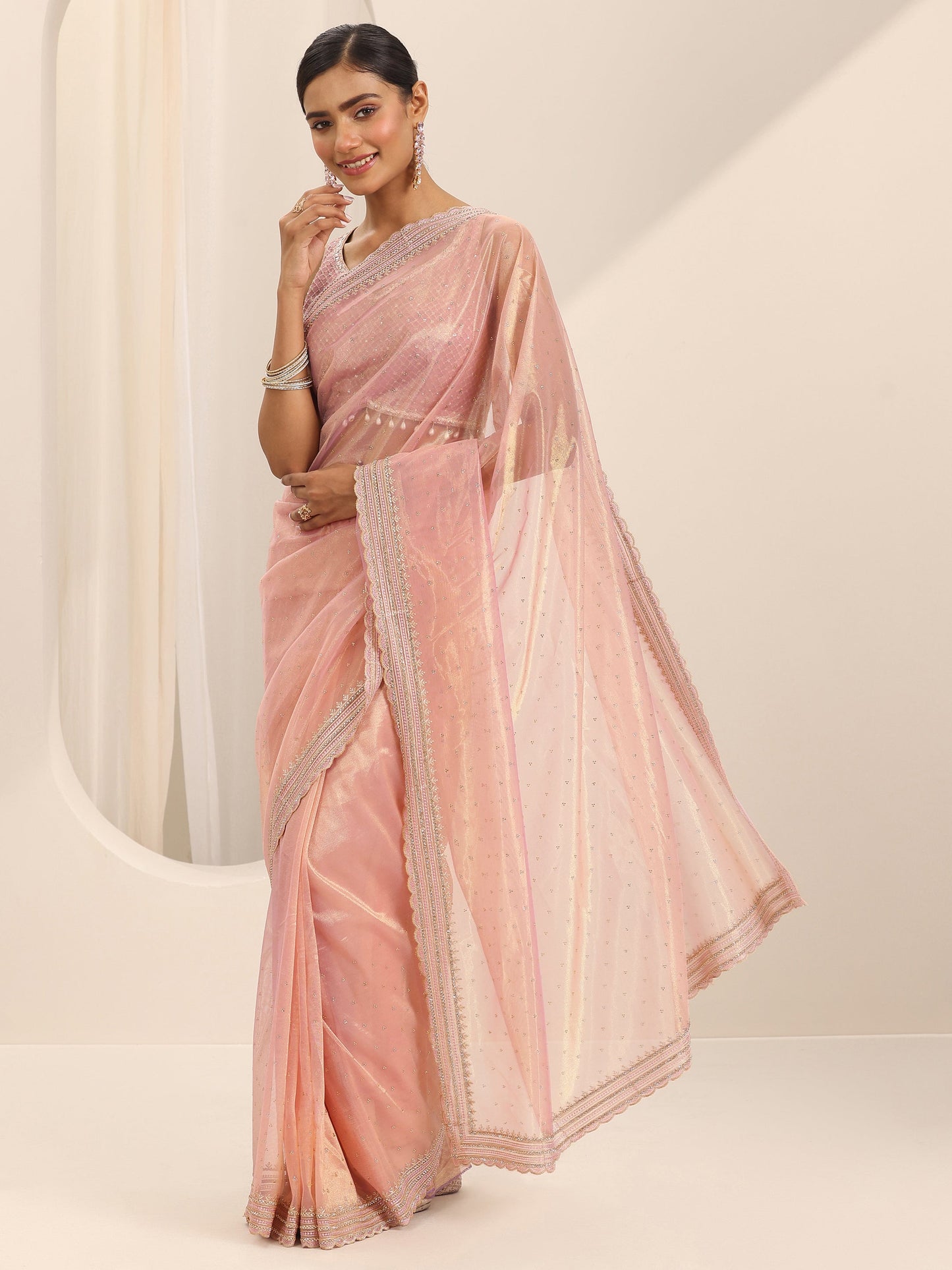 Pink Embroidered Net Silk Saree With Unstitched Blouse Piece