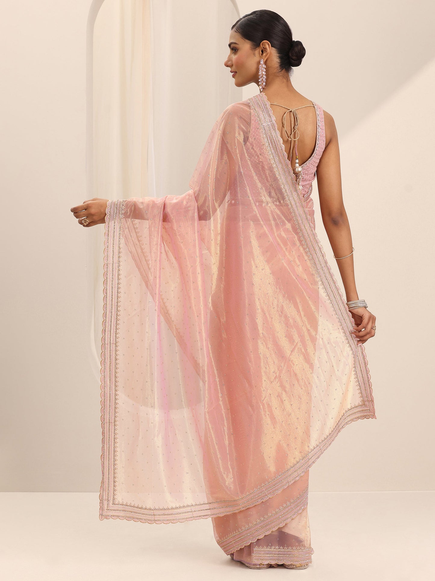 Pink Embroidered Net Silk Saree With Unstitched Blouse Piece