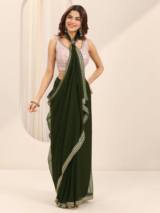 Green Solid Chiffon Saree With Unstitched Blouse Piece
