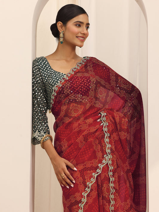 Red Bandhani Printed Georgette Saree With Unstitched Blouse Piece