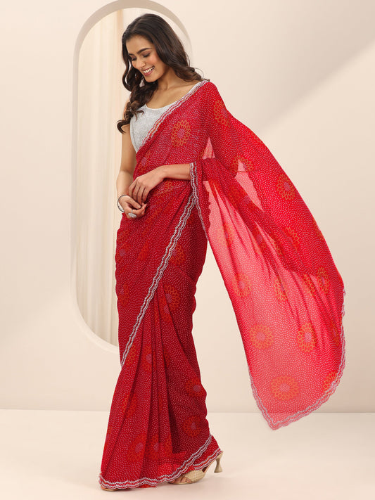 Red Bandhani Printed Georgette Saree With Unstitched Blouse Piece