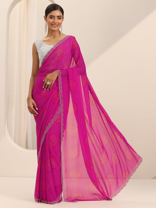 Pink Bandhani Printed Georgette Saree With Unstitched Blouse Piece