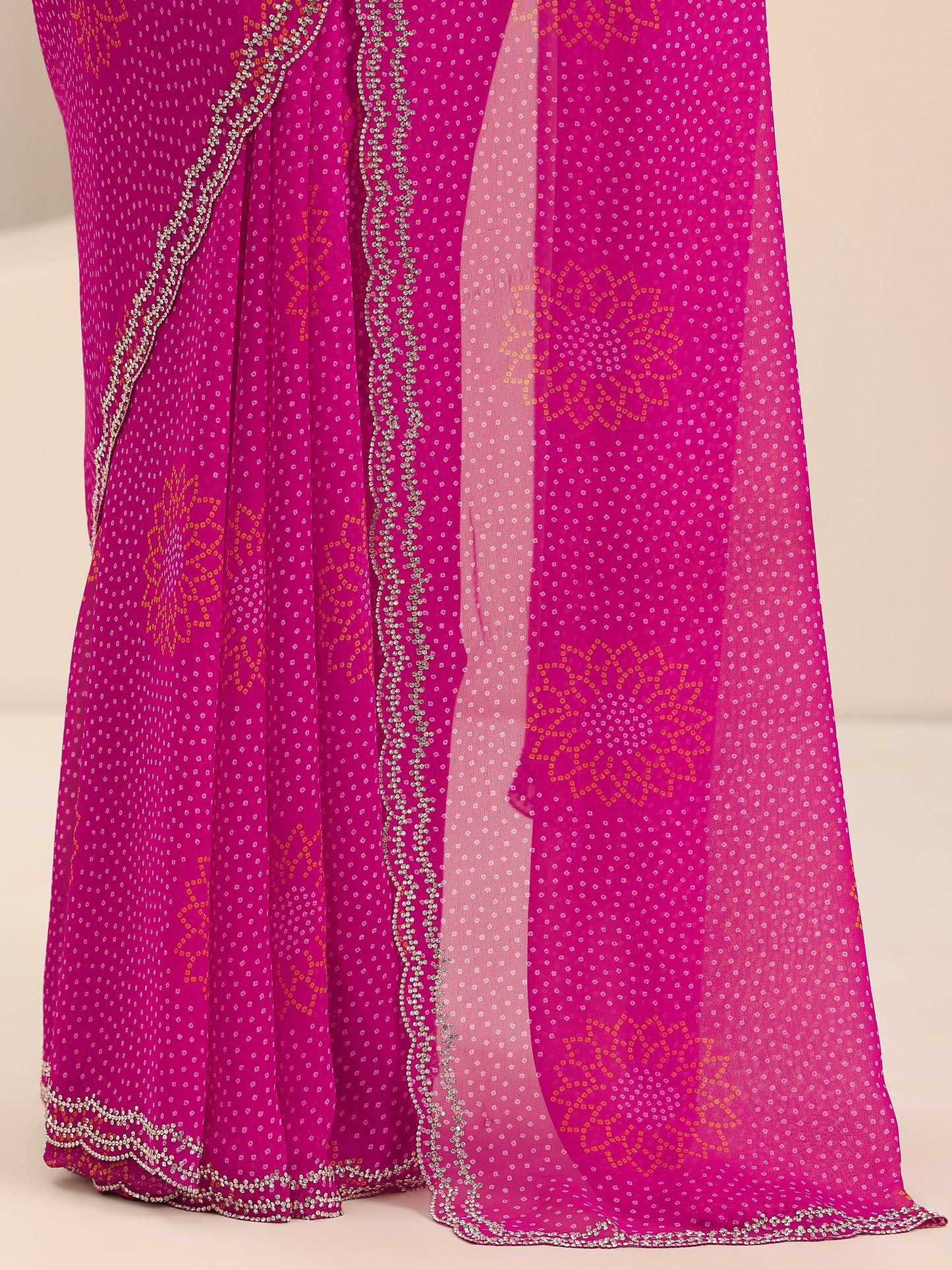 Pink Bandhani Printed Georgette Saree With Unstitched Blouse Piece