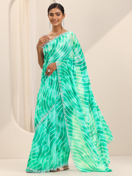 Green Leheriya Printed Georgette Saree With Unstitched Blouse Piece